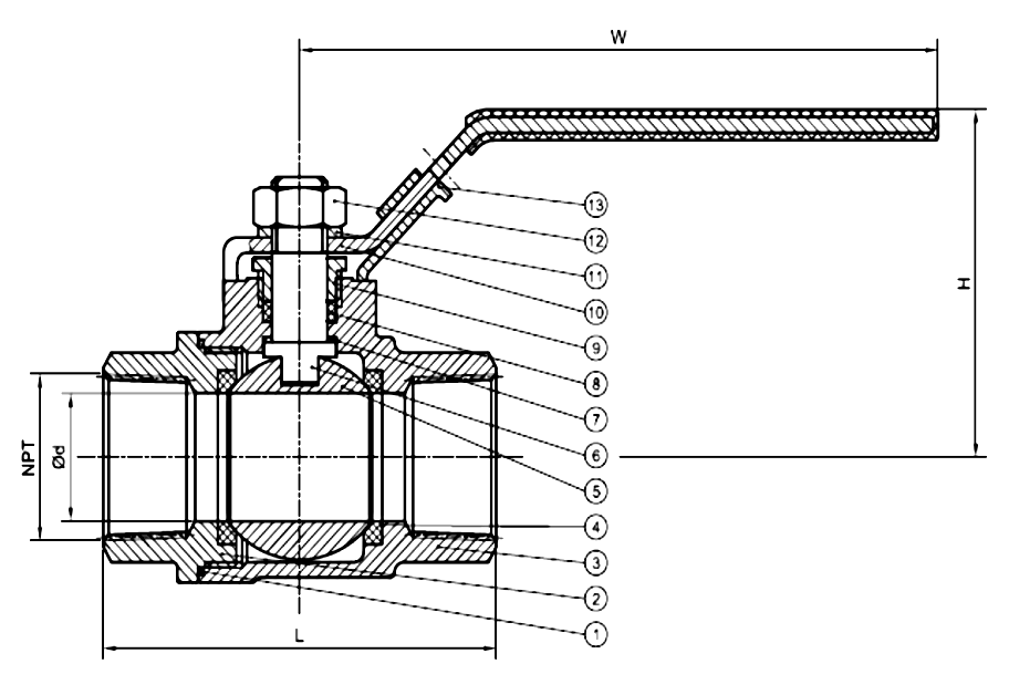 Sectional drawing of a 2-piece full bore 1000 PSI stainless steel threaded ball valve, with numbered callouts and the dimensions L, H, W and the bore d