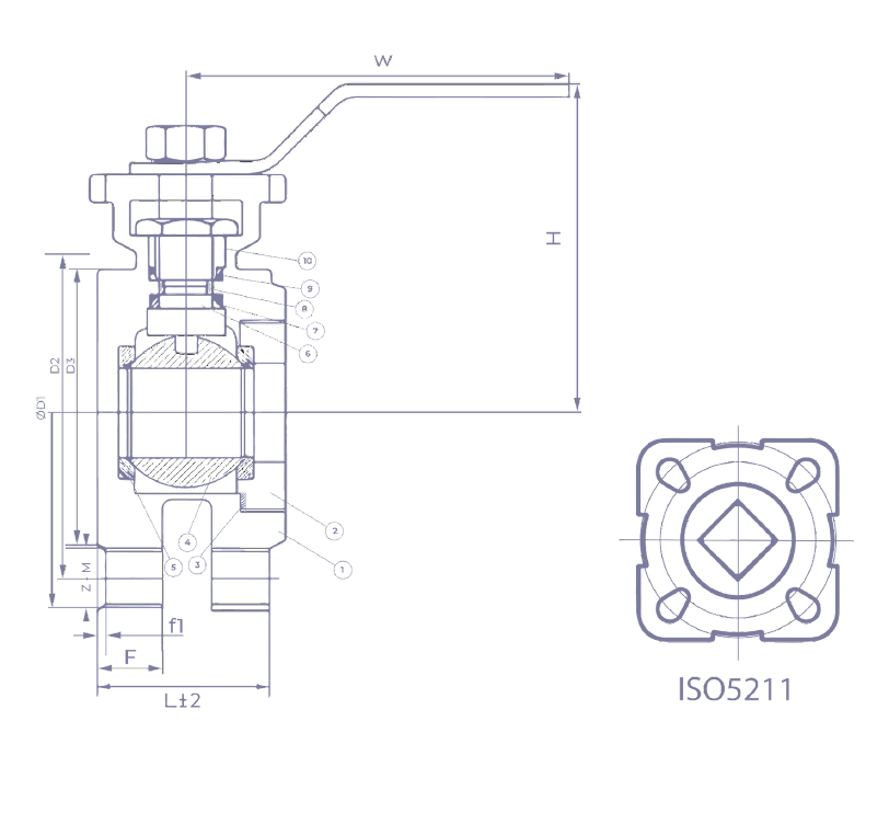Gambar potongan ball valve tipe wafer PN16/PN40 SS316, dengan callout bernomor dan dimensi flensanya