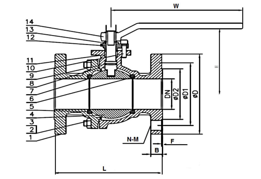Gambar potongan ball valve ujung flensa ANSI 150 SS316, dengan callout bernomor dan dimensi flensanya