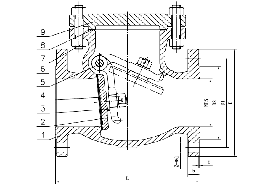Sectional drawing of the JIS 10K SS316 swing check valve, with numbered callouts 1 to 9