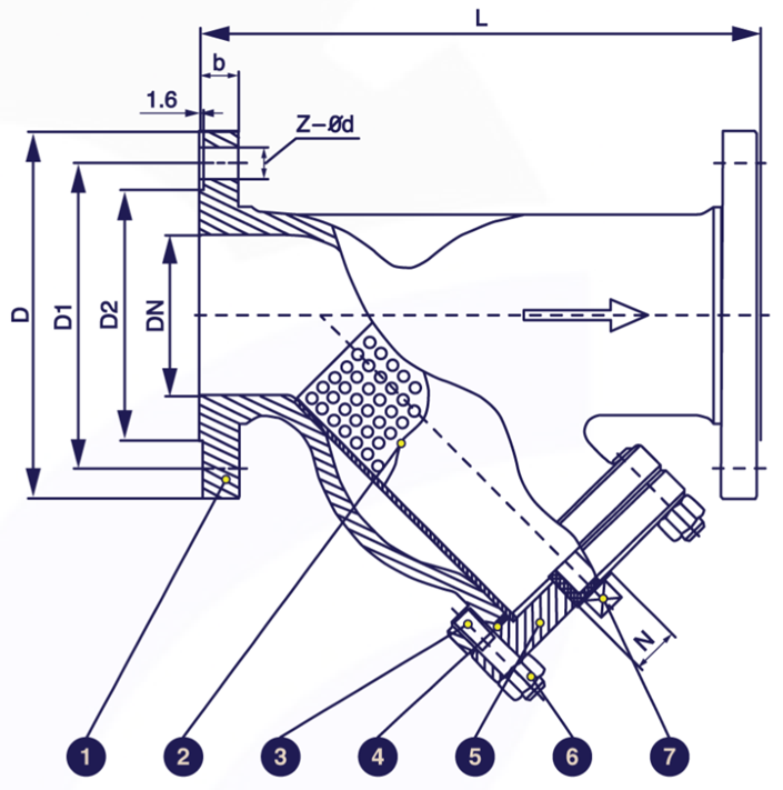 Sectional drawing — ANSI 150 SS316 Y-Strainer