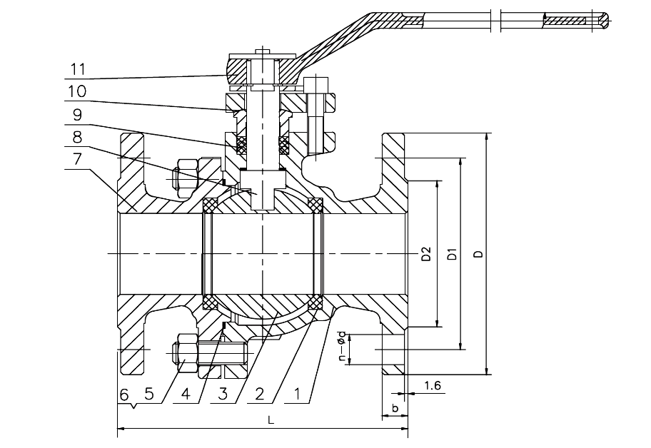 Sectional drawing of the ANSI 150 cast steel flange end ball valve, with the manufacturer's numbered callouts