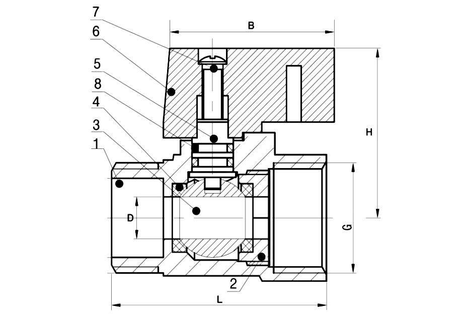 Gambar potongan ball valve mini kuningan male x female, dengan callout bernomor dan dimensi D, H, L dan B