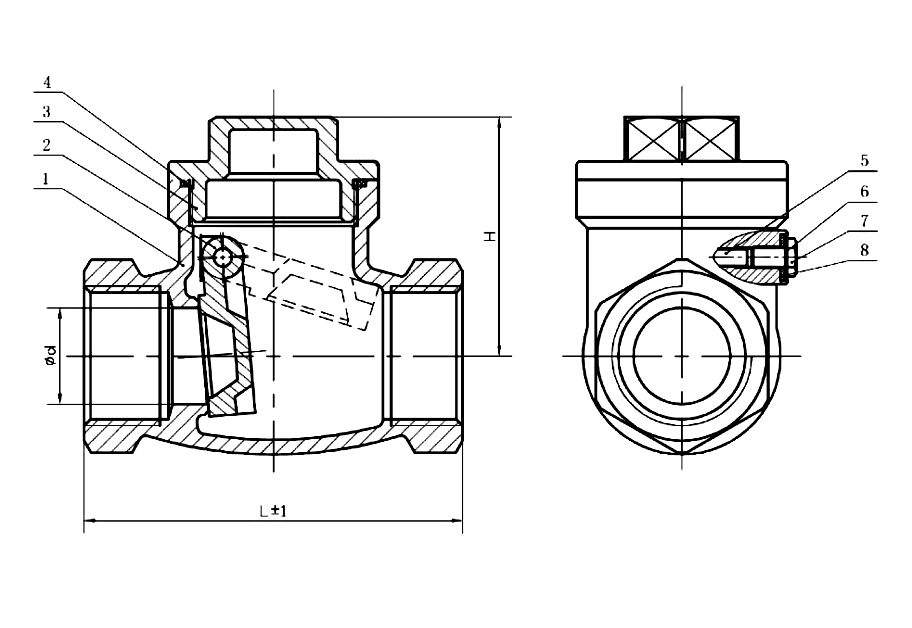 Sectional drawing of the threaded brass swing check valve, with callouts numbered 1 to 8