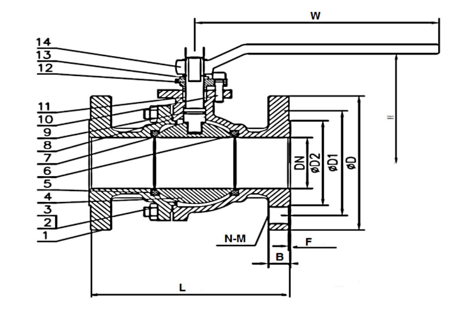 Gambar potongan ball valve ujung flensa JIS 10K SS316, dengan callout bernomor dan dimensi flensanya