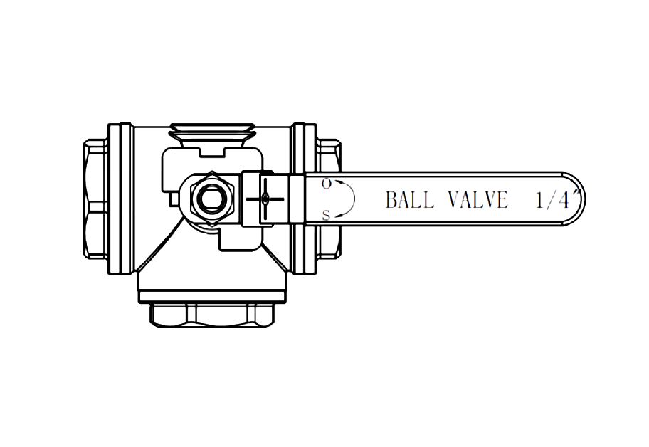 Gambar susunan umum ball valve L-port: dua port sisi, port ketiga di bawah bodi, tuas bertanda O dan S
