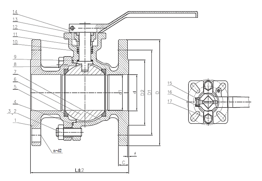 Gambar potongan ball valve ujung flensa PN10/16 SS316, dengan callout bernomor dan dimensi flensanya