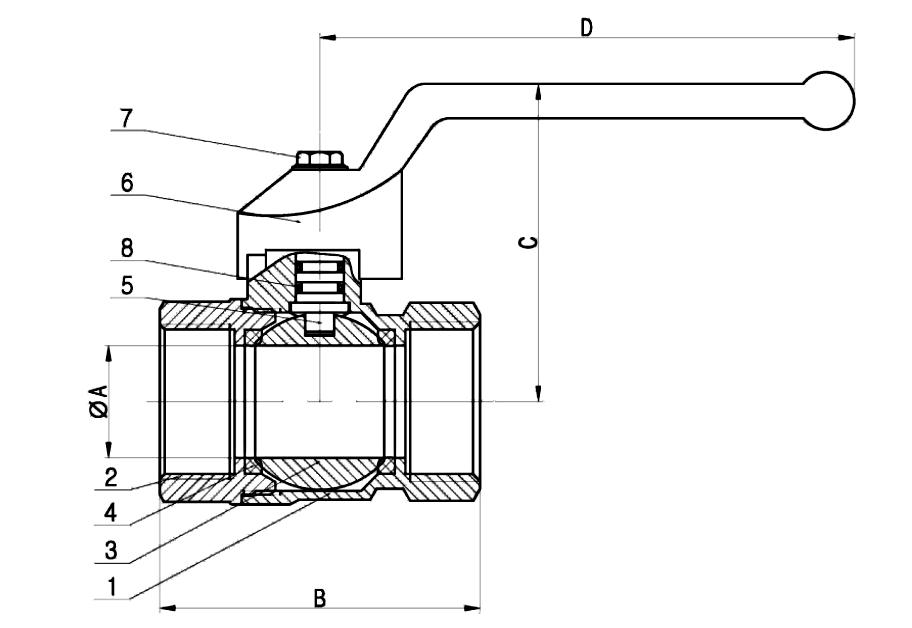 Gambar potongan ball valve kuningan standar berulir 300 PSI, dengan callout bernomor dan dimensi A, B, C dan D