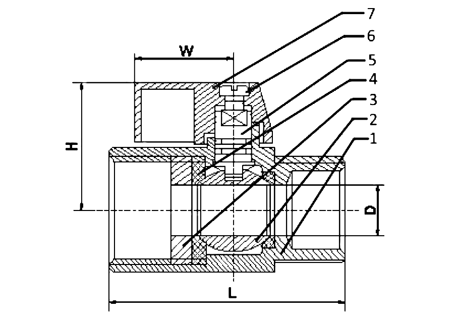 Gambar potongan ball valve mini SS316 male x female berulir 1000 PSI, dengan callout bernomor dan dimensi D, H, W dan L