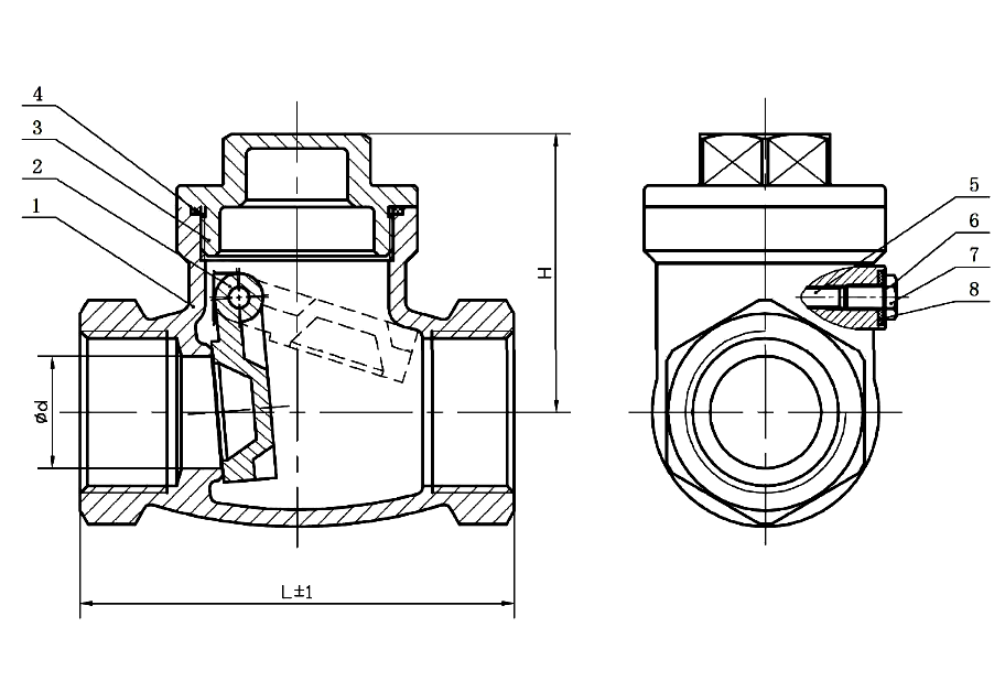 Gambar potongan swing check valve SS316 berulir, dengan callout bernomor 1 sampai 8
