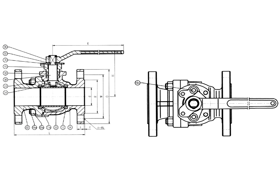 Sectional drawing of the ANSI 300 cast steel flange end ball valve, with the manufacturer's numbered callouts